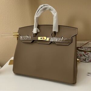 35cm Etaupe Top Handle Belted Leather Satchel BK Style